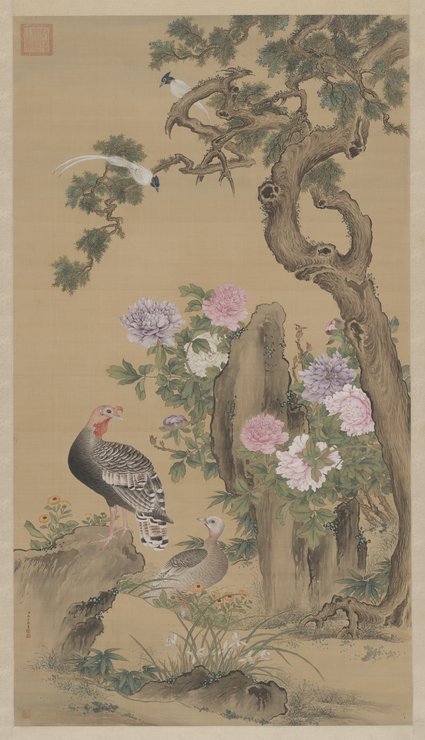 余省牡丹双绶图轴